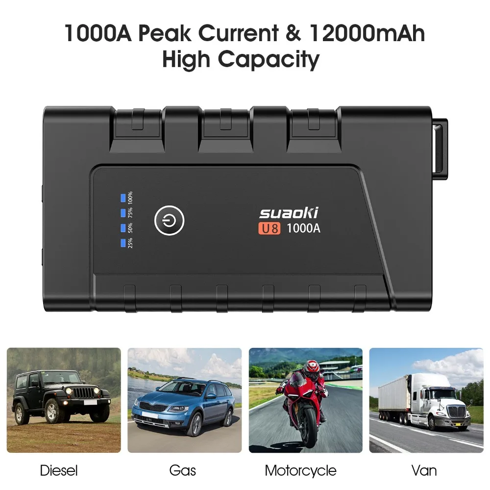 SUAOKI U8 1000A пик 12000 мА · ч портативный автомобильный пусковой механизм до 7.0L газ и 5.5L дизельный двигатель USB 3,0 Быстрая зарядка
