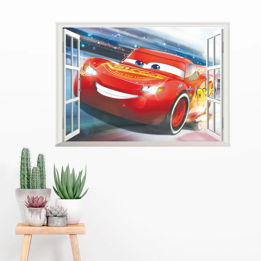 New Disney cartoon movie 3Dview Window Cars Lightning McQueen  wall sticker for kids room mural art Home decoration