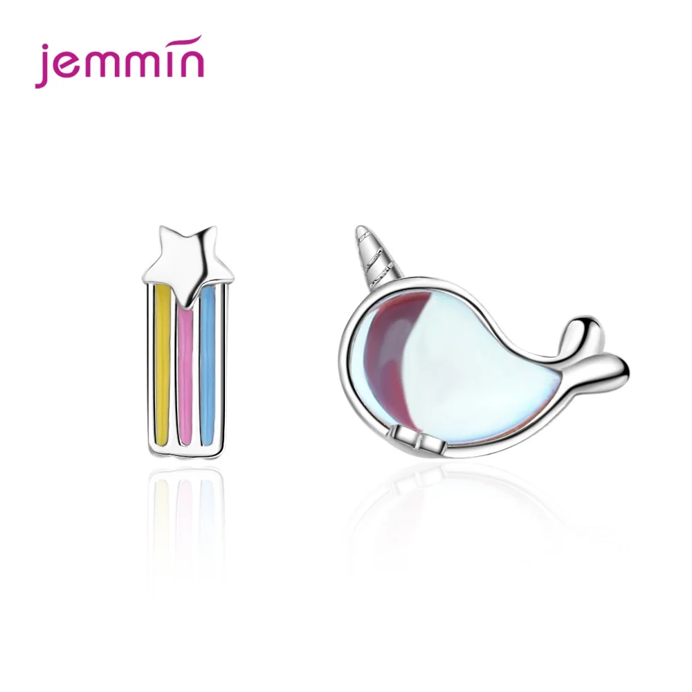

High Quality Women 925 Sterling Silver Stud Earrings Cute Marine Animal Whale Crystal Earring Asymmetric Rainbow Star Jewelry