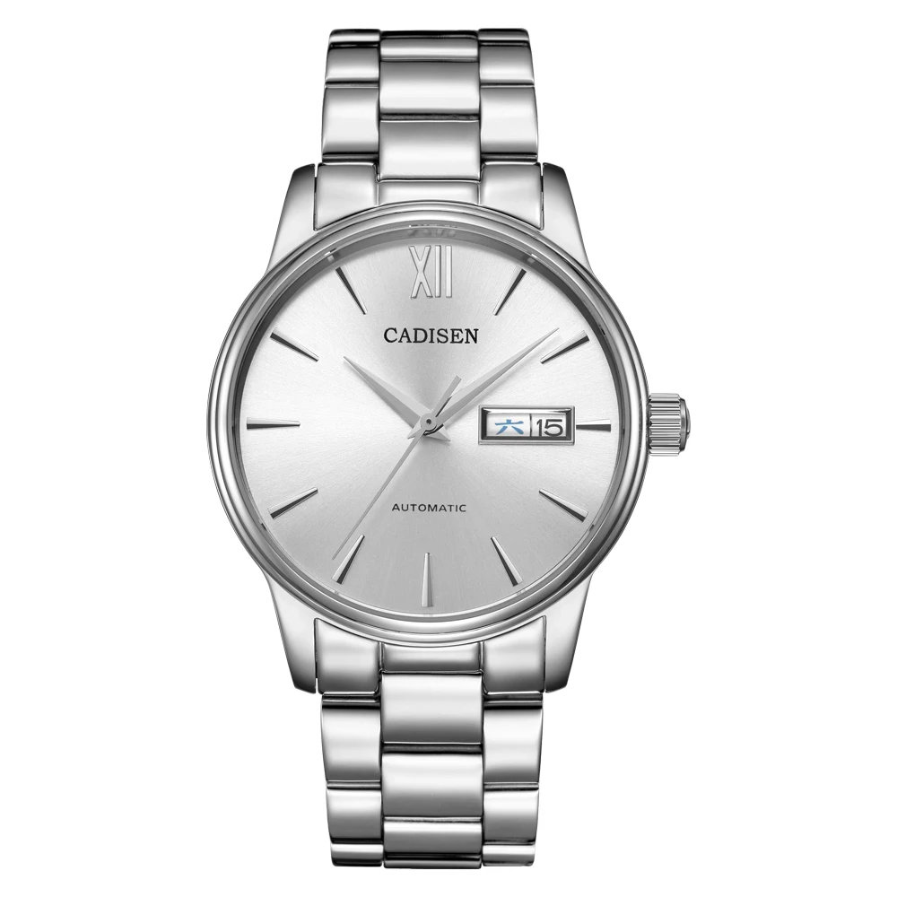 Silver CADISEN Mens Watch Automatic Mechanical Week Date Fashione Business luxury Brand Japan NH36A Movement Watches Relogio Masculino - Color: Silver