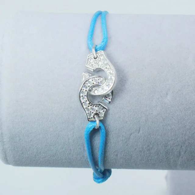 l'argent 925  Jewelry 925 Sterling Silver Handcuffs Bracelet For Men Women With Rope Zircon Silver Pendant Bracelet Menottes Sky Blue