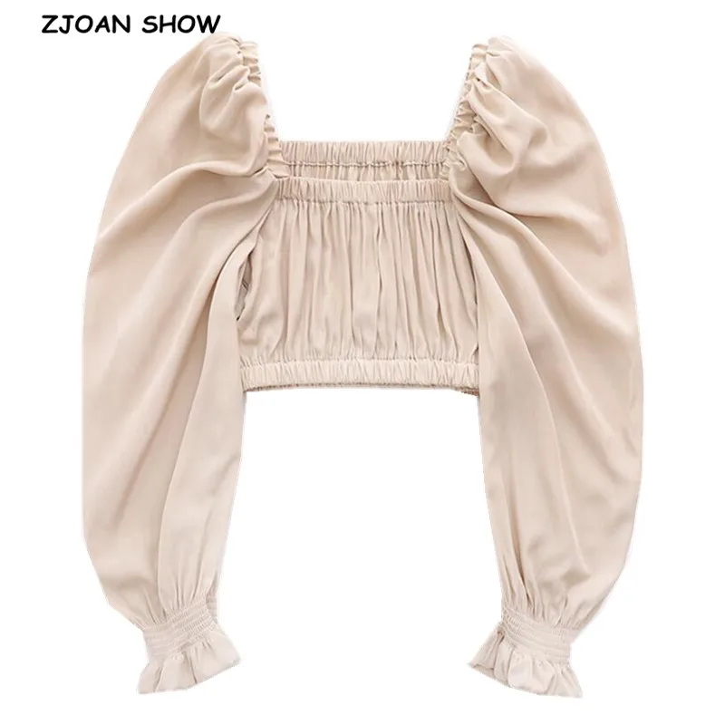 

Retro Ruched Pleated Square neck Shirt beige Sexy 2019 Women Slim Short Blouse Long Puff sleeve Cotton Exposed navel Tops