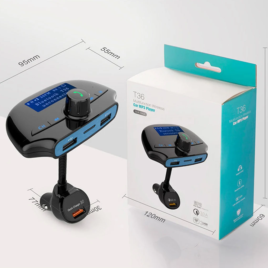 Большой экран автомобиля Bluetooth MP3-плеер fm-передатчик Быстрая зарядка 3A Смарт сигарета зарядное устройство