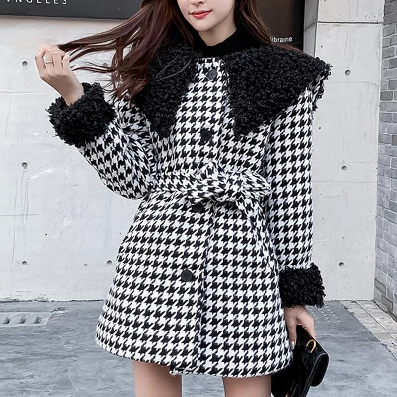 

Patchwork Lambswool Teddy Button Pocket Sash Houndstooth Coat Winter Women Black Khaki Plaid Faux Woolen Coat