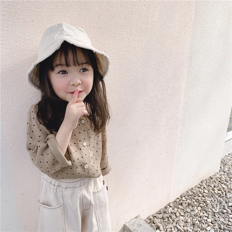 Korean style cute dot sigle-breasted shirts for fashion girls cotton 2 colors casual shirt clothes