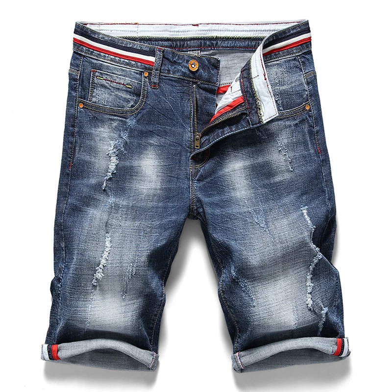 

2020 Summer New Men's Denim Shorts Fashion Slim Fit Elastic Cotton Blue Wash Ripped Jeans Male Brand Clothes