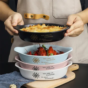 

Colorful Ceramic Baking Plate Dessert Bowl Ramekin Baker Round Dinner Plate with Handle Pasta Dishes Household Dinnerware