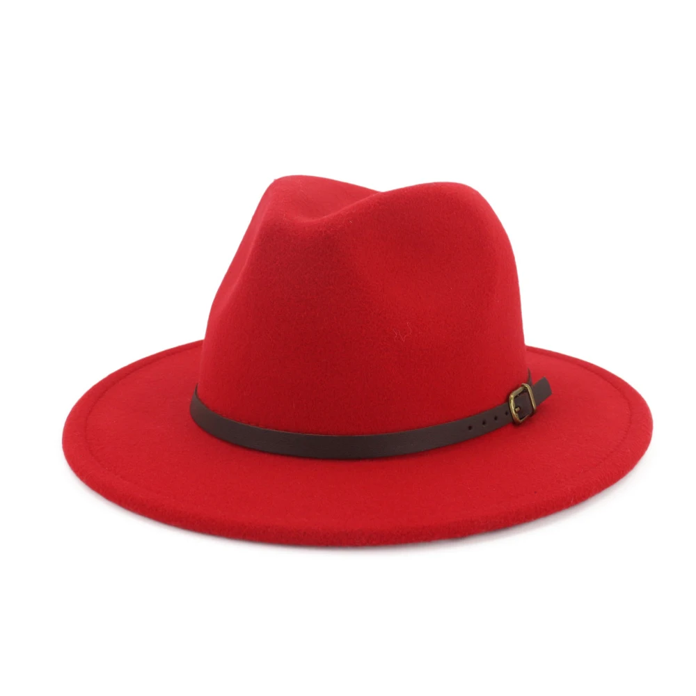 Red Для мужчин Для женщин шерстяная шляпа Fedora с поясом поп женская шляпа Панама джазовая, шляпа Размеры окружности головы 56-58 см - Цвет: Red