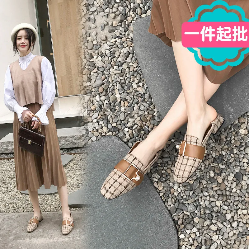 

Online Celebrity New Style Casual Loafers Women's Slip-on Chunky-Heel Low Documentary Shoes Genuine Leather Low-Cut Square Head