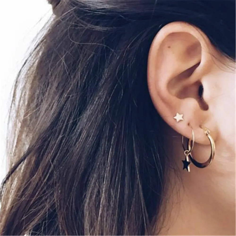 

Women Female Vintage Punk Stud Hoop Earring Set 2020 Fashion Star Geometric Crystal Metal Earring Jewelry Wholesale-XJ-W17