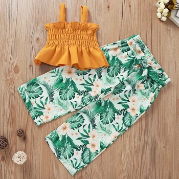 

2020 Summer Children Sets Casual Strap Pleated Ruffles Tops Print Palm Leaf Floral Long Pants 2Pcs Girls Clothes Sets 1-5T