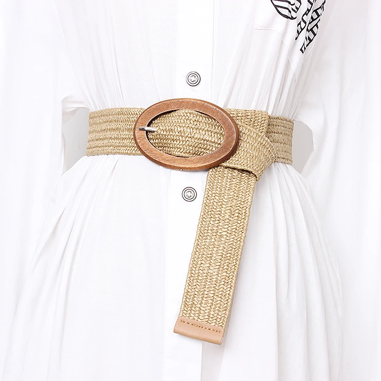 

Braided Belt with Wooden Buckle Ladies Casual Solid Luxury Fashion Dress Summer High Quality Woven Women straw Belt Wood BZ349