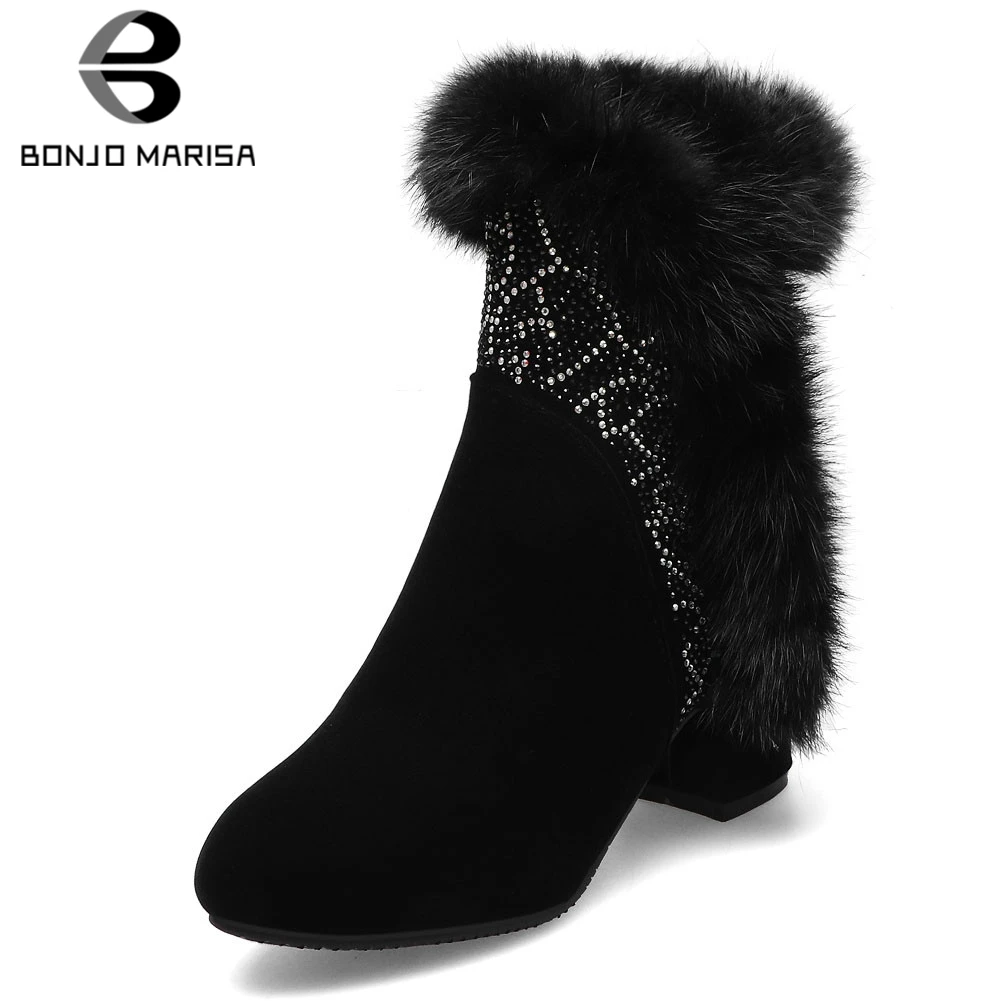 

BONJOMARISA New Big Size 31-43 Fashion Crystals Booties Ladies Elegant Black Ankle Boots Women 2020 High Wide Heels Shoes Woman