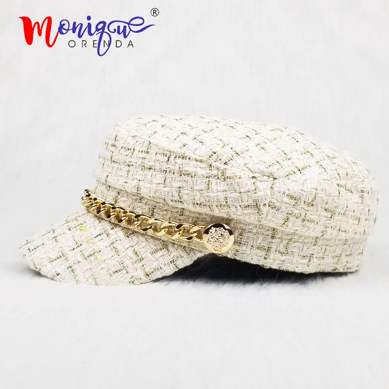 Модная шерстяная шапка золотая шелковая решетка в клетку дикая восьмиугольная шапка осенне-зимнего ретро сшитая цепь берет женск