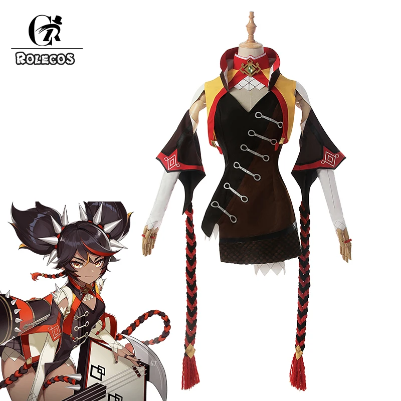 ROLECOS Genshin Impact Cosplay Costumes Genshin Impact Xinyan Cosplay Costume Women Full Set Dress Vest Socks Rings Collar