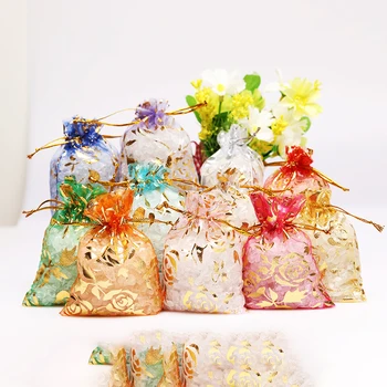買取 50個7 × 9 9 × 12 11 × 16 13 × 18センチメートルオーガンザバッグウェディングクリスマスキャンディーギフト包装バッグローズ巾着ポーチギフトバッグ白