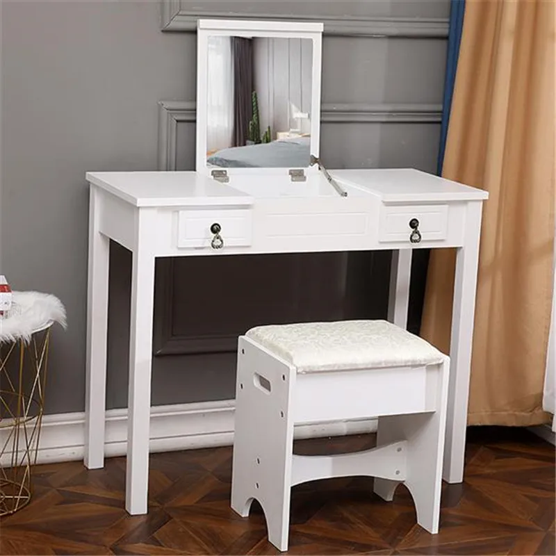 

Flip Single Mirror Dresser Makeup Vanity Desk Reading Dressing Table Cosmetics Storage White Double Drawers Bedroom Furniture