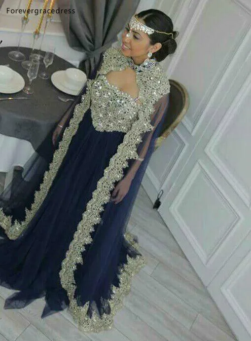 Appliqued Sequins Tulle Evening Dresses 2018 Newest Arabic Muslim Formal Celebrity Dress Kfatan Abaya Party Gowns with Detachable Cape  179 (1)