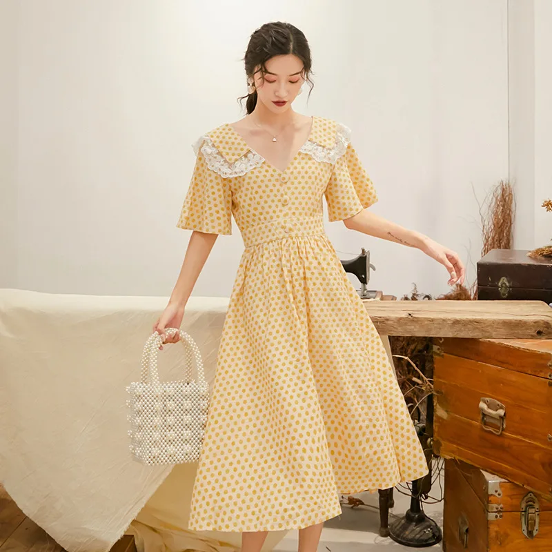 

2019 Summer New Style French GIRL'S Palace Retro High Waist Skirt France Non-mainstream Platycodon Grandiflorum Skirt Polka Dot