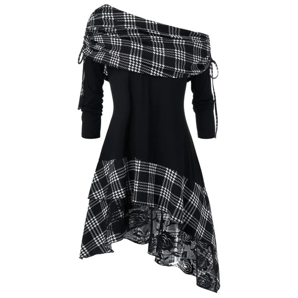 Women Dress Lace Patchwork Dresses Female Plaid Dresses Casual Gothic Vintage Dresses Women Female Long Sleeve Bandage Dresses