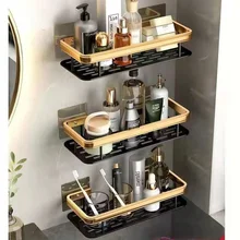 

Bathroom Shelf Kitchen Storage Holder Wall Shelves Corner Shelf Wall Mounted Black Gold Silver Aluminum Alloy Nail-free