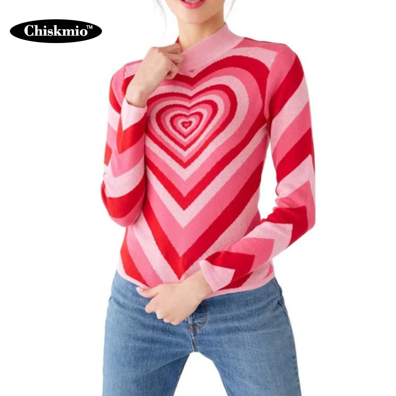 Dulce rojo amor corazón patrón suéter mujeres jersey de cuello alto Slim Tops de manga larga Jersey de punto señoras suéteres de punto