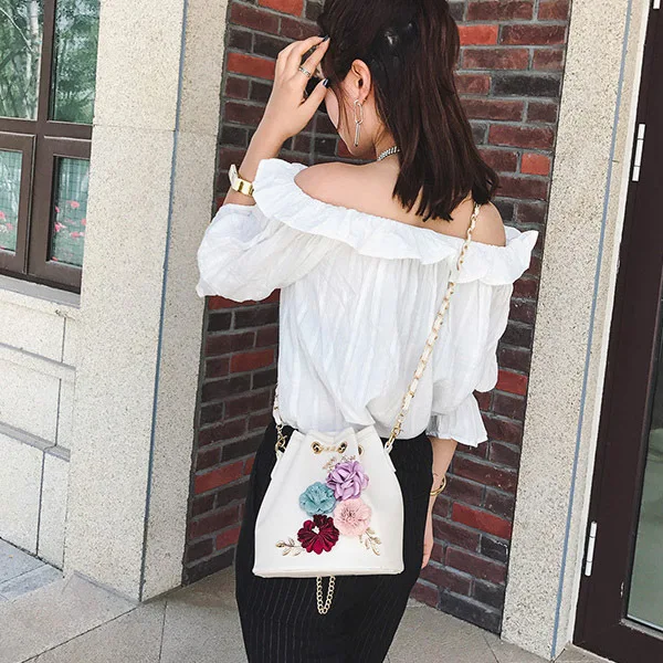 1 Pcs Womens Shoulder Crossbody Bag Flower PU Drawstring Fashion for Shopping-OPK