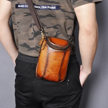 

Trend Genuine Leather men Casual Fashion Small Messenger Bag Designer Hook Fanny Waist Belt Pack Bag Cigarette Case 611-25