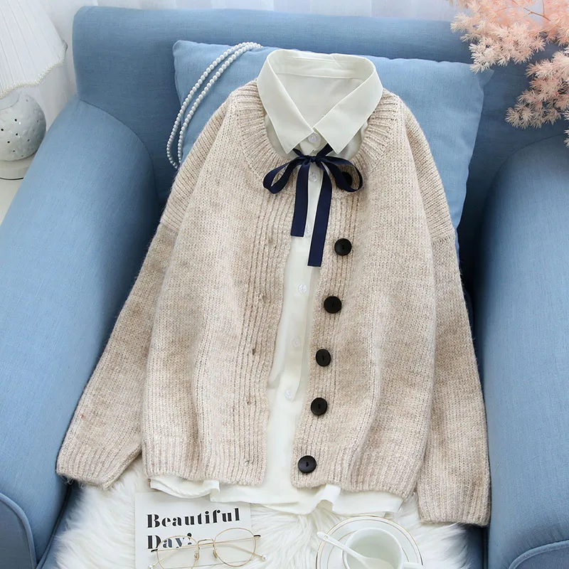 cardigan knitted women sweater winter new solid button loose female lady outwear coat tops - Цвет: white