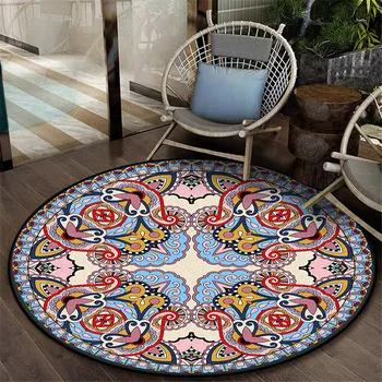 

Retro Blue Pink Pattern Round Carpet For Living Room Ethnic Style Hanging Basket Chair Mat Bedroom Decor Rug For Bedside Table