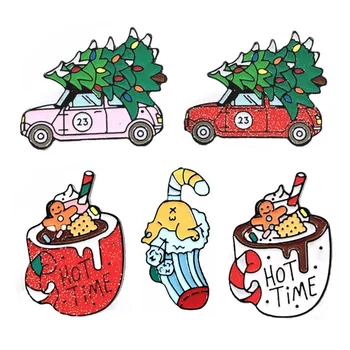 

Cute Christmas Tree Car Cup Candy Sock Brooch Cartoon Christmas Enamel Pins For Women Winter Lapel Pin Badges Jewelry Kids Gift