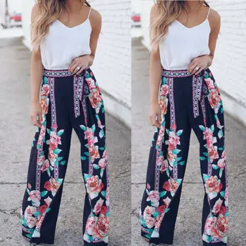 

Women Boho Casual Loose Wide Leg Pants Lady Summer Loose Holiday Bandage Floral Printed Long Trousers Bohomian Style Beach Pants