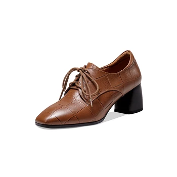 

INS Women pumps natural leather shoes plus size Embossed cowhide stone pattern Round thick heel pumps women shoes