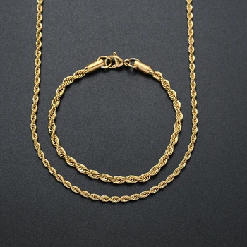 316L Stainless Steel Gold Color Twist Link Necklace & Bracelet Fashion Jewelry Set Titanium Steel Plated Gold Chain For Men