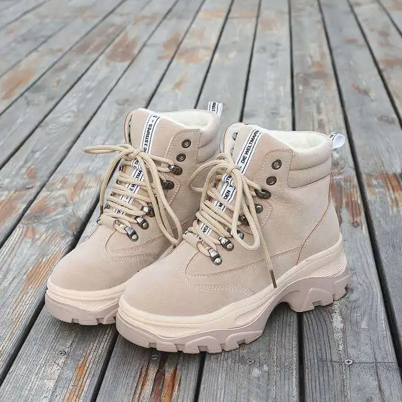 

New 2019 Autumn And Winter Leather British Wind Sneaker Flat Short Boots Students Leather Platform Plush High Shoes M2-25