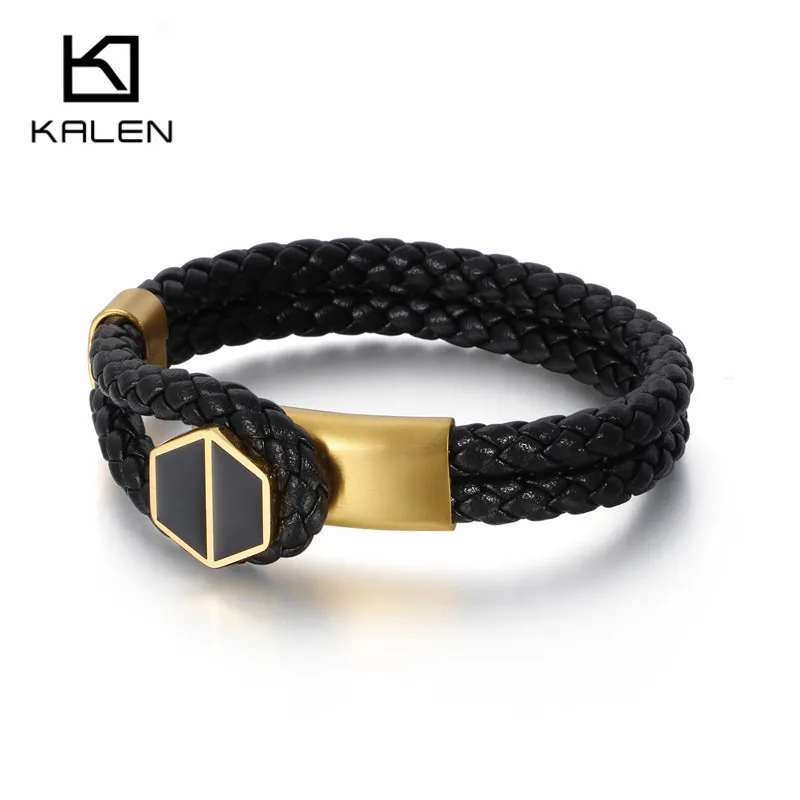 20cm Stainless Steel Gold/Silver/Black Hexagon Bracelet Men's Charm Double Layer Leather Bracelet Homme Jewelry Accessory - Окраска металла: KB111616-K
