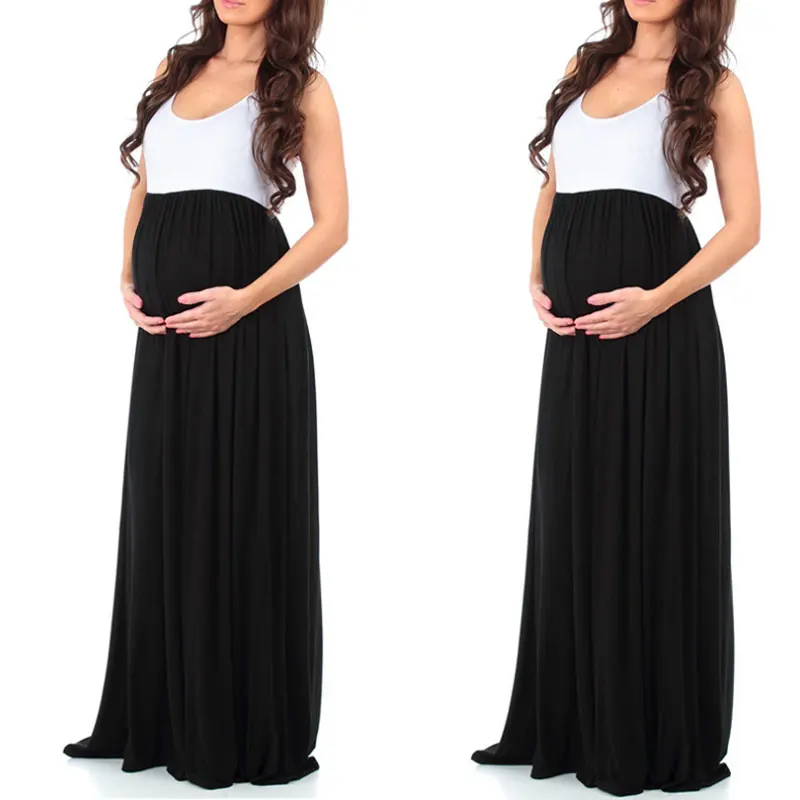New Elegant Maternity Dresses Solid Color Round Neck Sleeveless Stitching Long Dresses Summer Maxi Dress Vestidos Nursing Dress