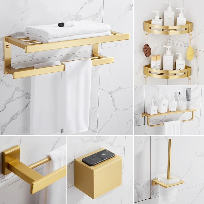 

Luxury Bathroom Hardware Set Gold Brushed Shower Baskets Space Aluminum Toilet Paper Holder Soap Dish Ceramic Towel Rack 40cm