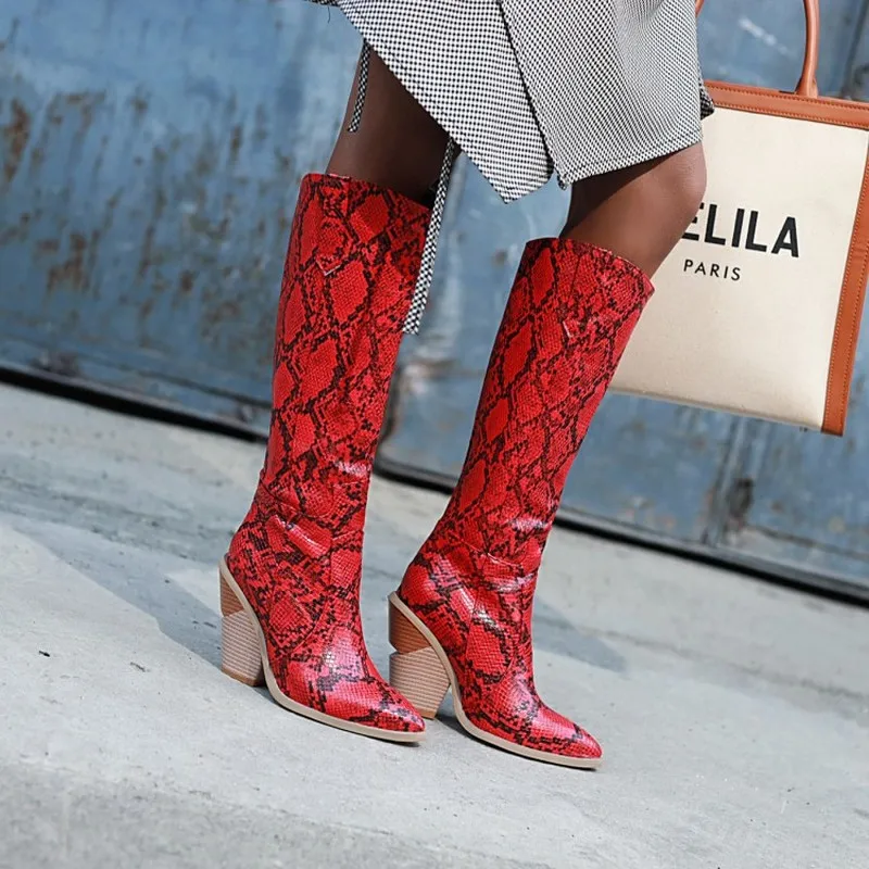 Western Cowboy Knee High Boots Snake Print Women Fashion Strange Style Heels Long Autumn Winter Woman Shoes | Обувь