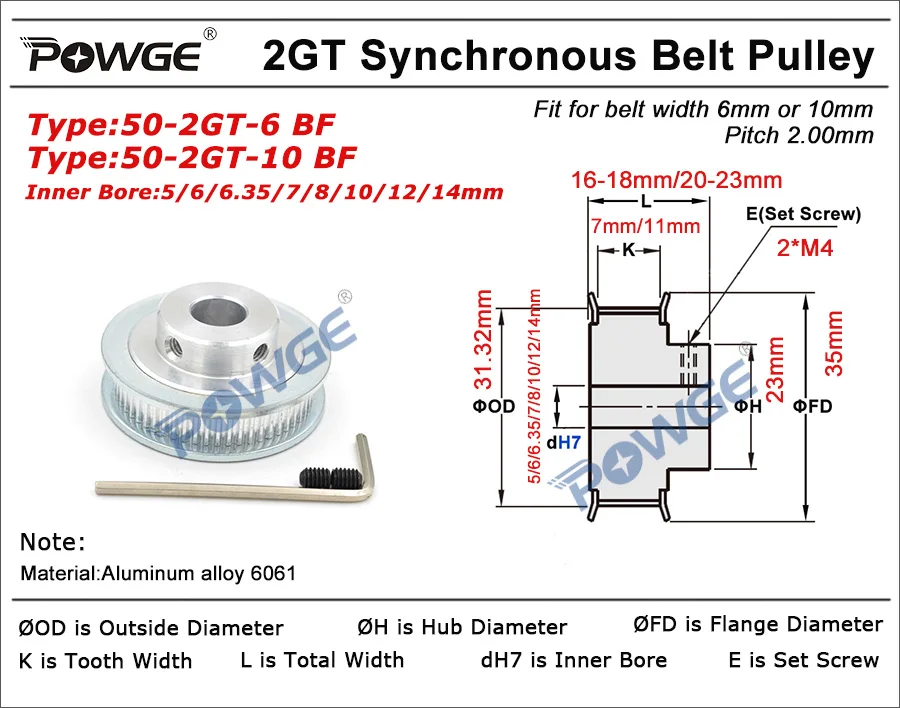 POWGE GT 50 зубов 2 м 2GT зубчатый шкив Диаметр 5/6/6,35/7/8/10/12/14 мм для GT2 зубчатый ремень высокое качество, шириной 6/10 мм колеса 50 зубов 50 T