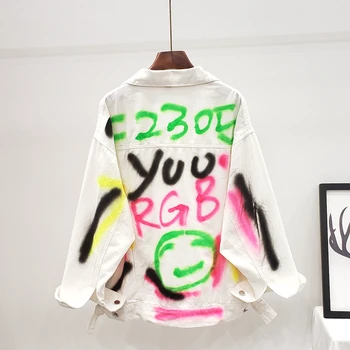 

White Denim Jacket Women Autumn New Fashion Graffiti Letter Print Loose Hip hop Jeans Jackets Harajuku Jacket Streetwear H321