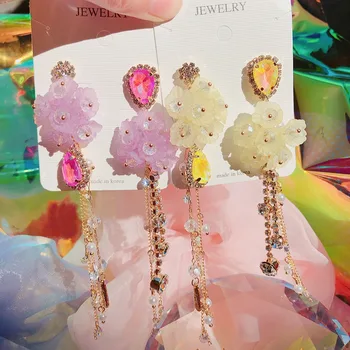 

MENGJIQIAO New Korean Fashion Bijoux Waterdrop Crystal Tassel Long Dangle Earrings Elegant Acrylic Flower Boucle d'oreille Femme