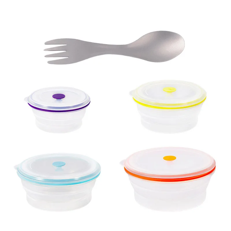 

4 Pcs Round Silicone Folding Fresh Box Folding Bowl Microwave Lunch Box & 1Pcs Pure Titanium Outdoor Camping Picnic Hiking Cookw
