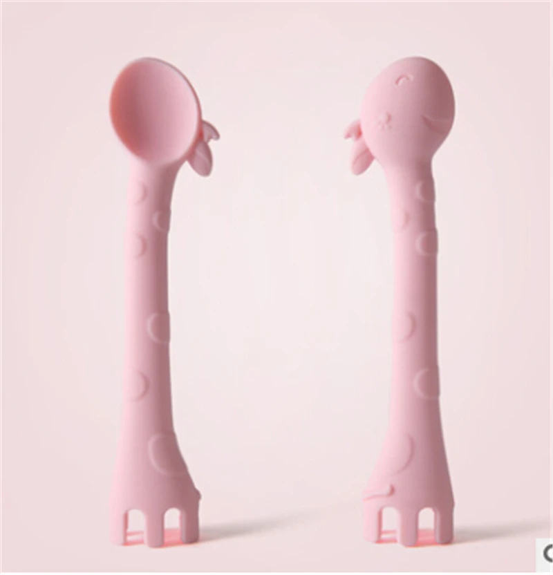 Pink Giraffe Милые животные ребенок безопасный силикон ложка Вилка Кормление столовые приборы игрушка для прорезывающихся зубов с героями мультфильмов детская посуда - Цвет: Pink Giraffe