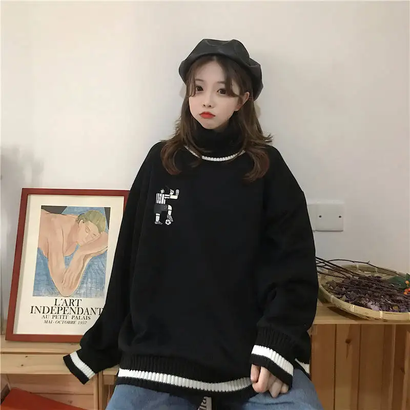 Корейский модный свободный бархатный пуловер для школьниц Harajuku Kawaii С мультяшным принтом, свитер с высоким воротом, женские зимние Новые Топы