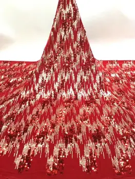 

Sequined Mesh Tulle Lace African Net Sequins Lace Fabrics Red High Quality Indian Lady Evening Dresses Mesh Lace Material