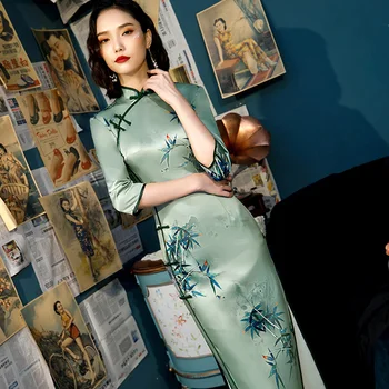 

Plus Size 4XL Imitation Silk Yarn Daily Long Cheongsam Chinese Dress Vintage Printed Classic Qipao Evening Party Satin Dress