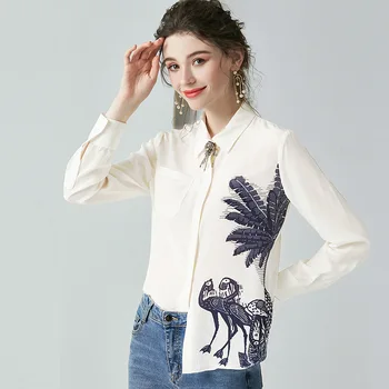 

Elegant Off White Dinosaur Animal Print Pure Silk Heavy Blouses Spring Long Sleeve Women Shirt Office Ladies Business Tops Chic