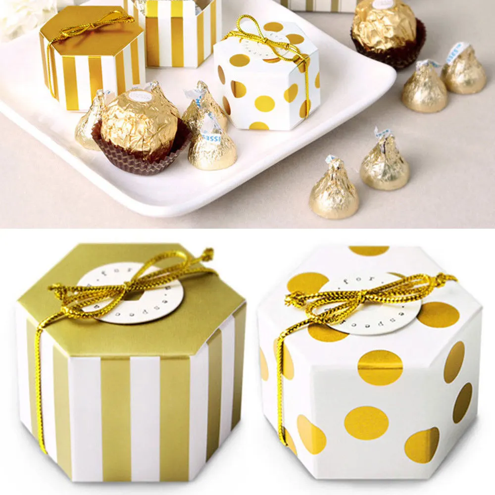 

Gold White Paper Festival Christmas Wedding Sweet Candy Box Favour Bags Party Craft Chocolate Boxes Portable Gift Packaging
