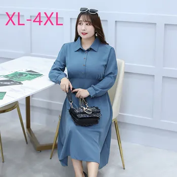 

2020 spring autumn plus size long dress for women large casual slim long sleeve elegant lapel pleated dresses black blue 3XL 4XL